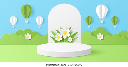 Paper cut of summer season on green nature landscape with hot air balloons on blue sky background. Cylinder podium for your products display presentation. Vector illustration