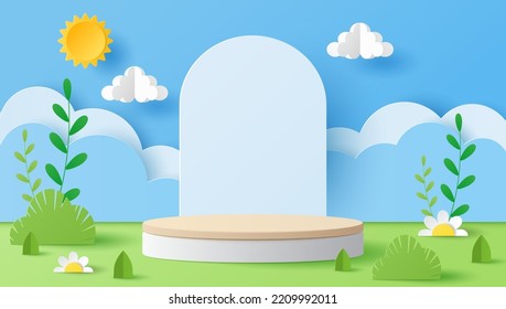 Paper cut of summer season on green nature landscape, sun and clouds on blue sky background with wood cylinder podium for your products display presentation
