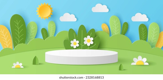 Paper cut of summer season on green nature landscape, sun and clouds on blue sky background with white cylinder podium for your products display presentation.