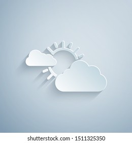 Paper cut Sun and cloud weather icon isolated on grey background. Paper art style. Vector Illustration