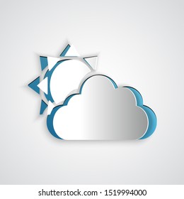 Paper cut Sun and cloud weather icon isolated on grey background. Paper art style. Vector Illustration