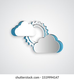 Paper cut Sun and cloud weather icon isolated on grey background. Paper art style. Vector Illustration