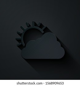 Paper cut Sun and cloud weather icon isolated on black background. Paper art style. Vector Illustration