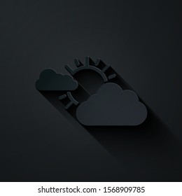 Paper cut Sun and cloud weather icon isolated on black background. Paper art style. Vector Illustration