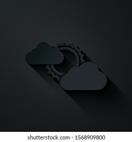 Paper cut Sun and cloud weather icon isolated on black background. Paper art style. Vector Illustration