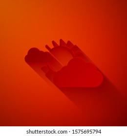 Paper cut Sun and cloud weather icon isolated on red background. Paper art style. Vector Illustration