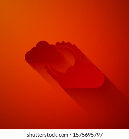 Paper cut Sun and cloud weather icon isolated on red background. Paper art style. Vector Illustration