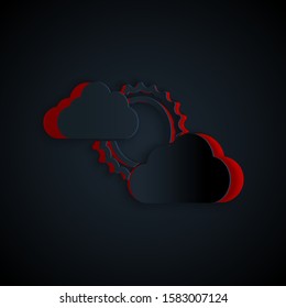 Paper cut Sun and cloud weather icon isolated on black background. Paper art style. Vector Illustration