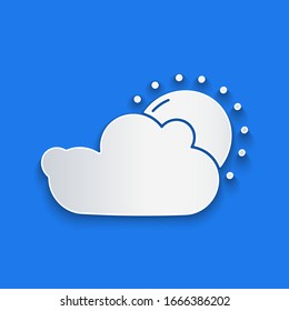 Paper cut Sun and cloud weather icon isolated on blue background. Paper art style. Vector Illustration