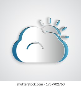 Paper cut Sun and cloud weather icon isolated on grey background. Paper art style. Vector Illustration