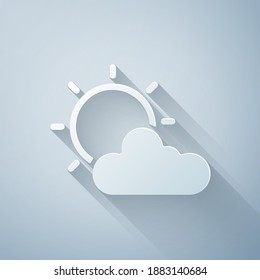 Paper cut Sun and cloud weather icon isolated on grey background. Paper art style. Vector