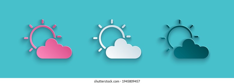 Paper cut Sun and cloud weather icon isolated on blue background. Paper art style. Vector