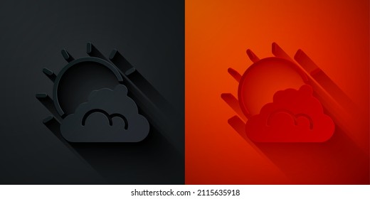 El papel cortó el icono del sol y el clima en la nube aislado en el fondo negro y rojo. Estilo de arte de papel. Vector