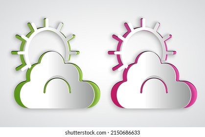 Paper cut Sun and cloud weather icon isolated on grey background. Paper art style. Vector