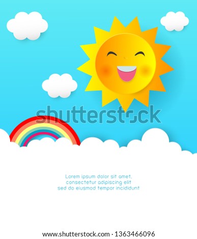 paper cut sun and clouds, rainbow, paper art style, Summer frame. vector Illustration of cute summer background. Template for your text.