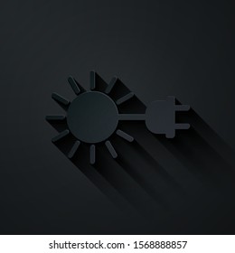 Paper cut Sun with electric plug icon isolated on black background. Energy saving concept. Paper art style. Vector Illustration