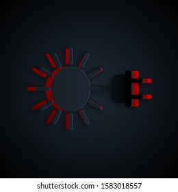 Paper cut Sun with electric plug icon isolated on black background. Energy saving concept. Paper art style. Vector Illustration