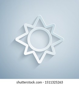 Paper cut Sun icon isolated on grey background. Paper art style. Vector Illustration