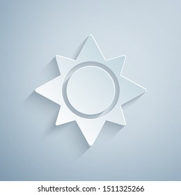 Paper cut Sun icon isolated on grey background. Paper art style. Vector Illustration