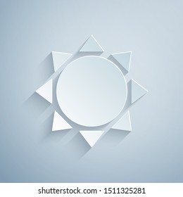 Paper cut Sun icon isolated on grey background. Paper art style. Vector Illustration