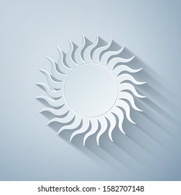 Paper cut Sun icon isolated on grey background. Paper art style. Vector Illustration