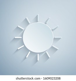 Paper cut Sun icon isolated on grey background. Paper art style. Vector Illustration