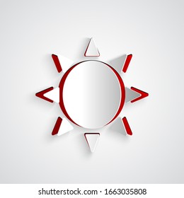 Paper cut Sun icon isolated on grey background. Summer symbol. Good sunny day. Paper art style. Vector Illustration