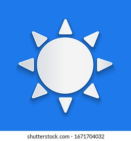 Paper cut Sun icon isolated on blue background. Summer symbol. Good sunny day. Paper art style. Vector Illustration