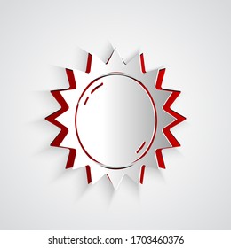 Icono de Sun de corte de papel aislado en fondo gris. Símbolo de verano. Buen día soleado. Estilo de arte de papel. Ilustración vectorial