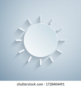 Paper cut Sun icon isolated on grey background. Summer symbol. Good sunny day. Paper art style. Vector Illustration