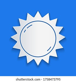Paper cut Sun icon isolated on blue background. Summer symbol. Good sunny day. Paper art style. Vector Illustration