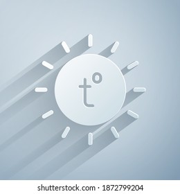 Paper cut Sun icon isolated on grey background. Summer symbol. Good sunny day. Paper art style. Vector