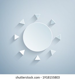 Paper cut Sun icon isolated on grey background. Summer symbol. Good sunny day. Paper art style. Vector.