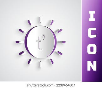 Paper cut Sun icon isolated on grey background. Summer symbol. Good sunny day. Paper art style. Vector