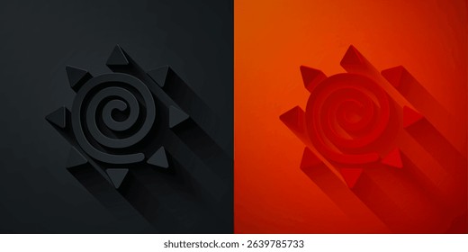 Paper cut Sun icon isolated on black and red background. Summer symbol. Good sunny day. Paper art style. Vector