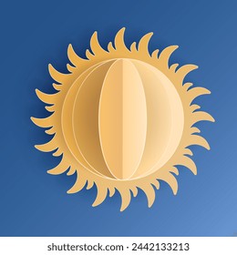 Paper cut sun on blue sky background. Forecast yellow sunshine icon symbol. 3D Papercraft frame icon for posters and flyers, presentation, web, social media, design, banner, forecast and sticker.	