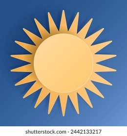 Paper cut sun on blue sky background. Forecast yellow sunshine icon symbol. 3D Papercraft frame icon for posters and flyers, presentation, web, social media, design, banner, forecast and sticker.	