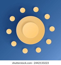 Paper cut sun on blue sky background. Forecast yellow sunshine icon symbol. 3D Papercraft frame icon for posters and flyers, presentation, web, social media, design, banner, forecast and sticker.	