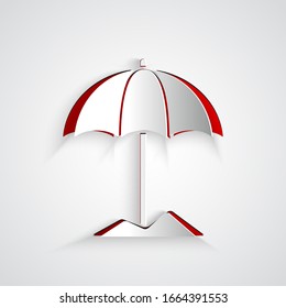 Cortado de papel Paraguas protector Sun para el icono de la playa aislado en fondo gris. Una gran sombrilla para el espacio exterior. Paraguas de playa. Estilo de arte de papel. Ilustración vectorial