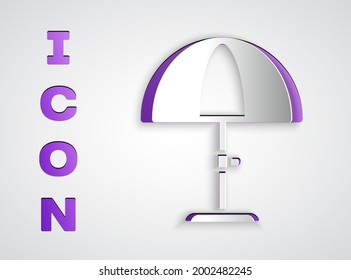 Paper cut Sun protective umbrella for beach icon isolated on grey background. Large parasol for outdoor space. Beach umbrella. Paper art style. Vector