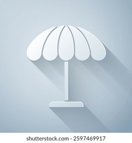 Paper cut Sun protective umbrella for beach icon isolated on grey background. Large parasol for outdoor space. Beach umbrella. Paper art style. Vector Illustration