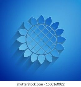 Paper cut Sunflower icon isolated on blue background. Paper art style. Vector Illustration