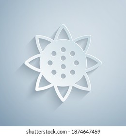 Paper cut Sunflower icon isolated on grey background. Paper art style. Vector.