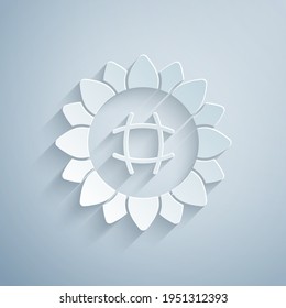 Paper cut Sunflower icon isolated on grey background. Paper art style. Vector