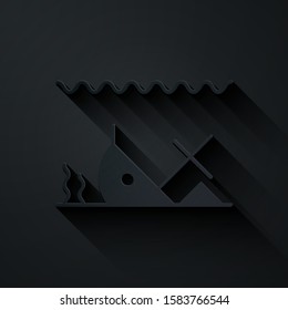 Paper cut Sunken ship at the bottom of the sea icon isolated on black background. Paper art style. Vector Illustration
