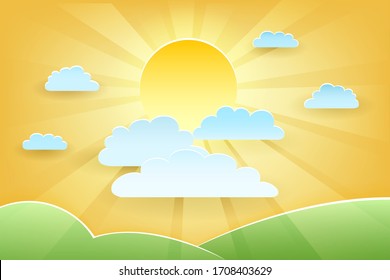 Paper Cut Sunny Landscape with clouds and meadows. Vector illustration.