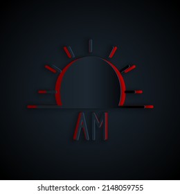 Paper cut Sunrise icon isolated on black background. Paper art style. Vector Illustration