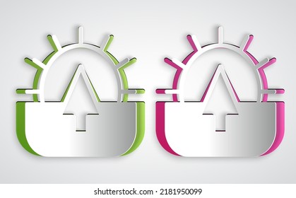 Paper cut Sunrise icon isolated on grey background. Paper art style. Vector