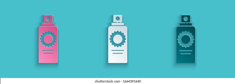 Papier geschnitten Sonnenschutzflasche Symbol einzeln auf blauem Hintergrund. Schutz der Haut vor UV-Sonnenlicht. Kunststil aus Papier. Vektorillustration-Illustration