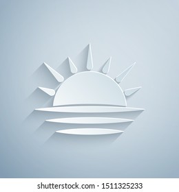 Paper cut Sunset icon isolated on grey background. Paper art style. Vector Illustration